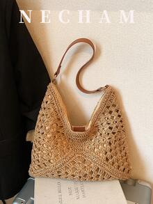 1 pezzo Borsa a spalla casual e minimalista di colore unito, grande capacità, stile versatile per le vacanze per le donne - Cachi - Visualizzare 4
