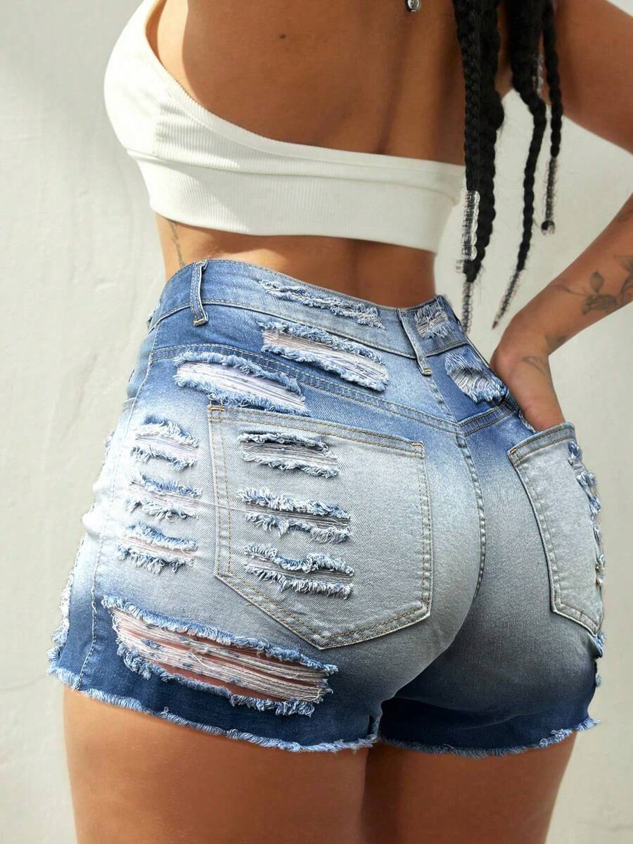 Quần short denim phong cách đường phố Y2K gợi cảm, co giãn tốt, có túi chéo, rách khoét, gấu quần rách, quần short denim mini dáng ôm thoải mái cho mùa hè, hẹn hò, đi biển, dành cho nữ. - Màu xanh chuyển sắc - Xem 1
