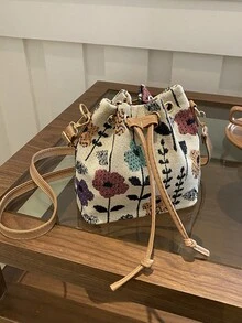 Mini Floral Drawstring Bucket Bag, Versatile Shoulder/Crossbody/Backpack Bag For Party & Casual Wear - Beige - View 12