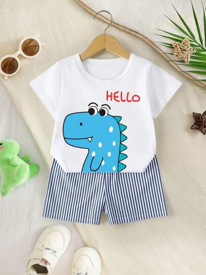 两件套幼儿男童绅士时尚恐龙印花短袖T恤和松紧腰短裤套装，夏季服装，可爱时尚运动服，适合新生儿，生日礼物，适合户外、休闲、派对等场合