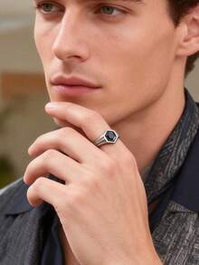 1 pieza Anillo negro geométrico hexagonal de acero inoxidable vintage, accesorio de estilo gótico para hombres - Negro de pistola - Ver 9