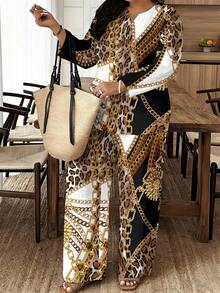 1 Set Luxury Attribute Woven Fabric Structured & Stylish Women's Daily Outing Summer Birthday Gift Color Block Leopard Print Gold Chain Print Women's Plus Size Two-Piece Set - 彩色 - 查看 2