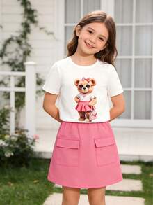 Young Girl' Sweet & Cute White Round Neck Cartoon Bear Print Top And Fuchsia A-Line Pocket Skirt Set, Fashionable Everyday Outfit - Pink - View 1