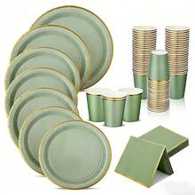 10pcs/20pcs/50pcs Set Sage Green Paper Plates, Cups, Napkins Disposable Tableware Set, Sage Green With Gold Trim Baby Shower Birthday Wedding Party Supplies And Decorations - Mouse Green - View 3