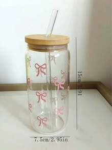 1Pc Transparent Reusable Glass Cup With Bowknot Pattern Bamboo Lid & Straw Large Capacity Outdoor Travel Beverage Juice Cup Summer Winter Use Birthday Holiday Gift Home Kitchen Supplies New Year Valentine's Day Mother's Day Father's Day Summer Graduation Back To School Gifts - Multicolor - View 4