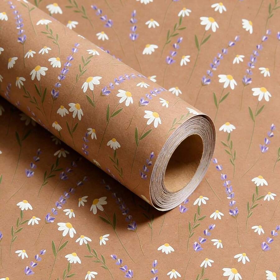 43cm X 3m (17" X 118") Natural Daisy And Lavender Gift Wrapping Paper Roll, Suitable For Various Occasions Such As Birthday, Valentine's Day, Wedding Party, And Wholesale Packaging - Multicolor - View 1