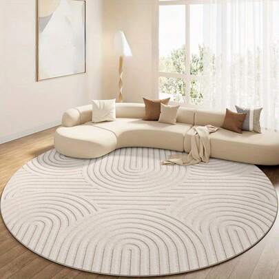 1pc Minimalist Cream Curved Round Rug, Soft Faux Wool Material, Bathroom Mat, Living Room, Sofa Area, Wabi-Sabi Style, Cream Space Decor Carpet, Coffee Table, Leisure Area, Bedroom Decor, Home Decor, Outdoor Rug, Washable Carpet