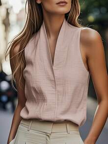 女士无袖休闲通勤背心，欧美风格，优雅休闲装，米色、蓝色、粉色、绿色，夏季款 - 藕粉色 - 查看 3