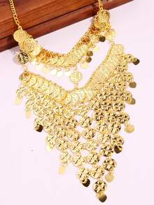 1件复古阿拉伯性感夸张金色面纱面罩，配多层流苏、字母金属硬币吊坠耳环，中东女性饰品 - 金色 - 查看 2