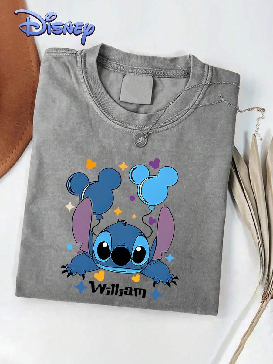Disney Stitch T-Shirt für Damen, 100% Baumwolle, Weite Passform, Kurzarm mit Grafikdruck, hochwertige Verarbeitung, bequem und atmungsaktiv, ideal für Freizeit und Urlaub - Grau - Übersicht 1