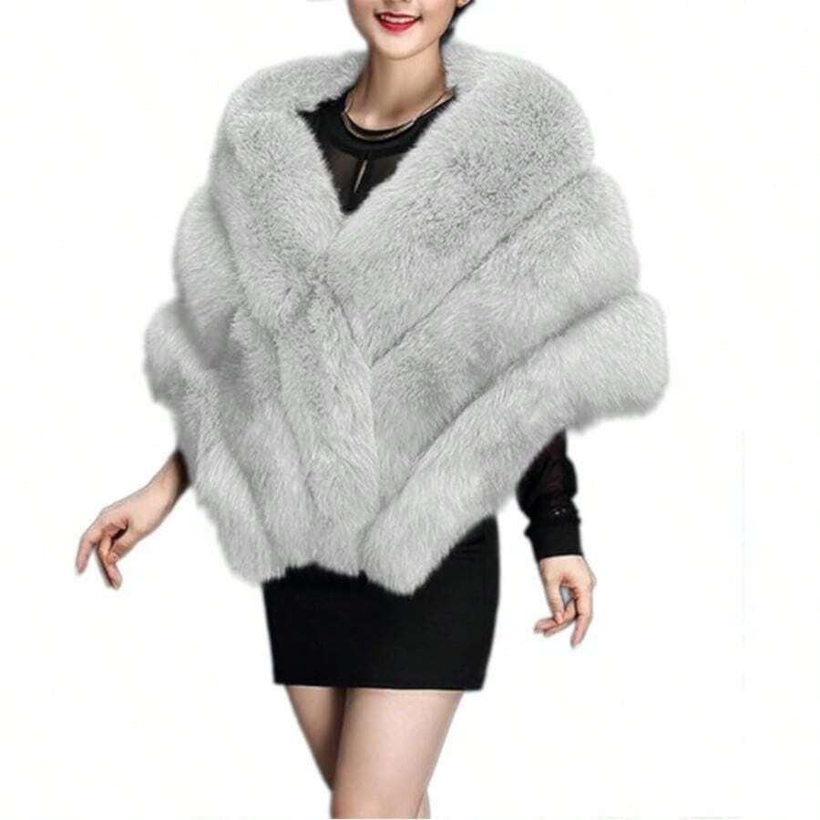 1 Elegant Polyester Women Long Shawl Cloak Cape Winter Warm Faux Fox Fur For Party - Màu Xám nhạt - Xem 1