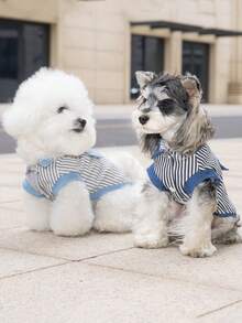 复古条纹狗狗背心，牛仔撞色设计小熊贴片宠物背心，时尚又可爱 - 淺藍色 - 查看 5