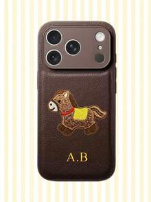 Personalized Litchi Pattern Embroidered Puppy Faux Leather Phone Case, 3D DIY Engraved Letters Initials Name Soft Leather Cover Compatible With 17 16 15 14 13 12 11 Pro Max, Full Camera Protection Anti-Drop Case, Couple Phone Case - Multicolor - View 3