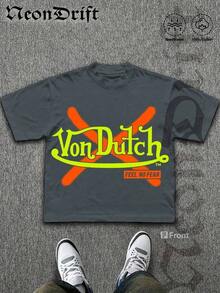 SummerNeonDrift Street Double-Sided Printing Cotton T-Shirt 100% Cotton Fabric Unisex Style-Men T Shirt Skull Graphic Print Neon Yellow Orange Cross Design Streetwear Fashion Casual Wear For Urban Style Fans Hip Hop Look Breathable 100 Cotton Comfortable FitLoose And Comfortablesummer Clothes - Dark Grey - View 2