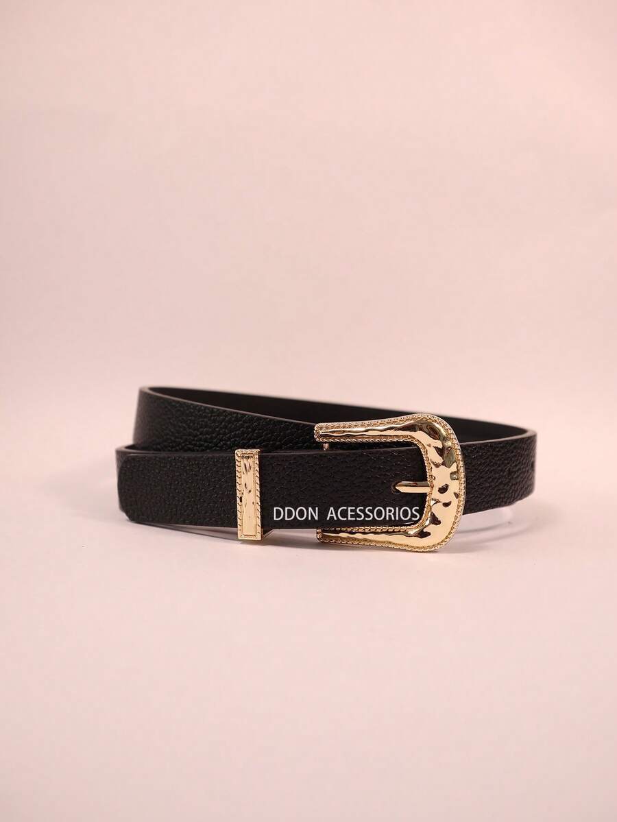 Women's Thin Belt With Vintage Gold Buckle, Elegant Adjustable PU Leather Belt For Dresses, Jeans, And Women's Fashion - 黑色 - 查看 1