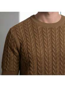 Men's Short-Sleeve Knit Sweater - Elegant Casual Slim Fit Style - Camel - View 5