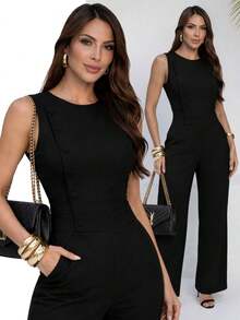 Women's Long Tailored Jumpsuit With Buttons And Pockets, Elegant Wide-Leg Pants - 黑色 - 查看 9