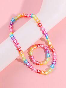 2pcs Girls Butterfly & Flower Beaded Necklace And Bracelet Jewelry Set, Suitable For Children's Daily Wear, Party And Gift - one-size - View 4