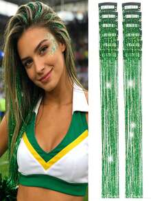 12 件/盒闪亮 20 英寸长直发绿色、银色、紫色、黄色、蓝色、粉色彩色发丝，夹式合成接发套装，适合女孩圣诞节、万圣节、派对、情人节、复活节、圣帕特里克节等场合佩戴。 - 查看 15