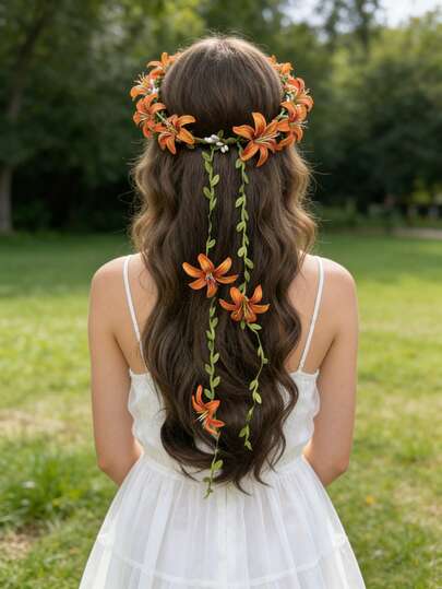 1件波西米亚风花冠发箍，公主风花朵发圈，适合女性、花童、伴娘、婚礼、派对等场合。