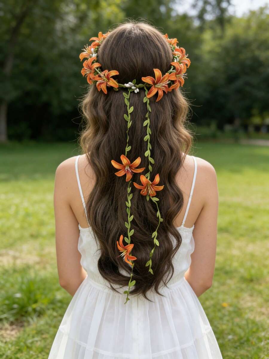 1件波西米亚风花冠发箍，公主风花朵发圈，适合女性、花童、伴娘、婚礼、派对、头饰、皇冠 - 彩色 - 查看 1