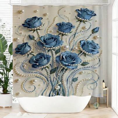 1pc Artistic Floral Shower Curtain, Made Of Polyester, Waterproof, Non-Shading, Suitable For Home And Bathroom Decor, Comes With 12 Hooks