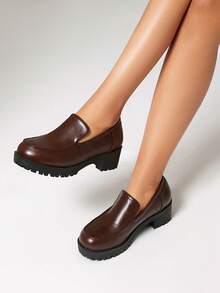 Women's Brown Oxford Shoes With Molded Soles, Low Vamp Thick Soles, Fashion Minimalist Elegant Commuting Casual Round Toe Thick Heel Mary Jane Shoes, Versatile Pair With Dresses - Brown - View 4