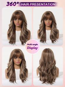 20 Inch Loose Wave Wig With Bangs, Ash Brown Blonde Highlight Synthetic Wig With Adjustable Strap Perfect Women Daily Party Use - Brown - View 9