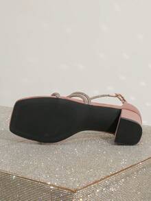 Sandalias elegantes y glamorosas con tacón alto grueso, puntera cuadrada y decoración de diamante de imitación, adecuadas para banquetes y fiestas, de moda y versátiles - Rosa vieja - Ver 8