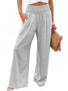 Plus Size Women's Solid Color Summer Vacation Casual Wide Leg Loose Pants Spring - Gray 2 - View 4