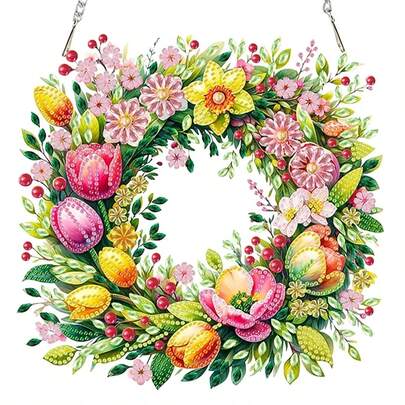 Tulip Wreath Pattern Hanging Decor Diamond Painting Desktop Set, 5D DIY Diamond Art Desktop Decoration, Gemstone Inlay Craft, Home & Bedroom Desktop Decor