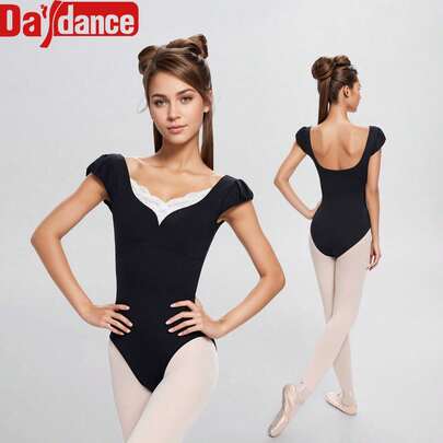  Daydance1 女士芭蕾舞紧身衣 V领舞蹈紧身衣蕾丝拼接体操紧身衣成人芭蕾舞者泡泡袖芭蕾舞连体衣