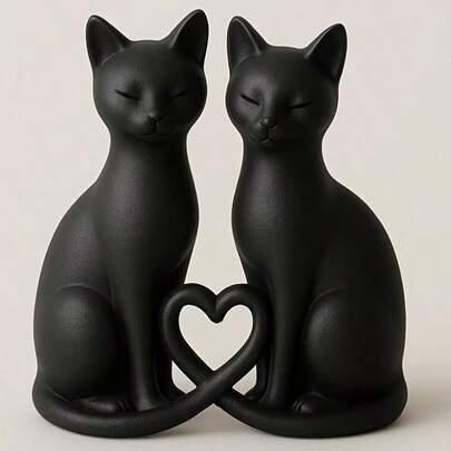 1pc Couple Cat Statue Decor, Heart-Shaped Design, Suitable As Gift, Desk, Dining Table, Nightstand Decoration, Garden Ornament
