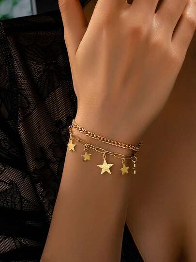 1pc Dual-Layer Tassel Star Bracelet, Luxury Unique Design Cute Star Bracelet, Minimalist Versatile Personalized Bracelet