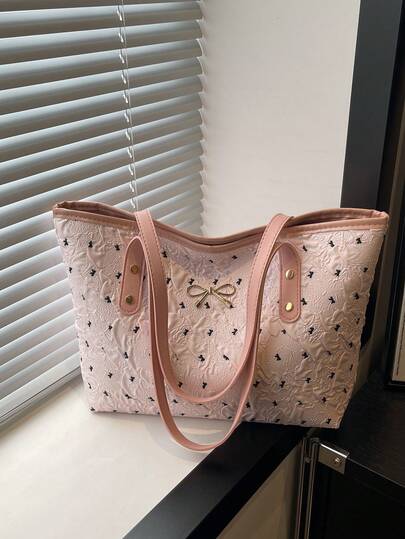 2025新款休闲大容量菱形图案纯色蝴蝶结手提包，简约时尚托特包