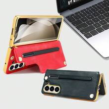 VIETAO 鍍金內置筆人造皮革手機殼，適用於 Galaxy Z Fold 7 6 5 折疊手機，附手提繩、卡槽與支架 - 紅色 - 查看 8