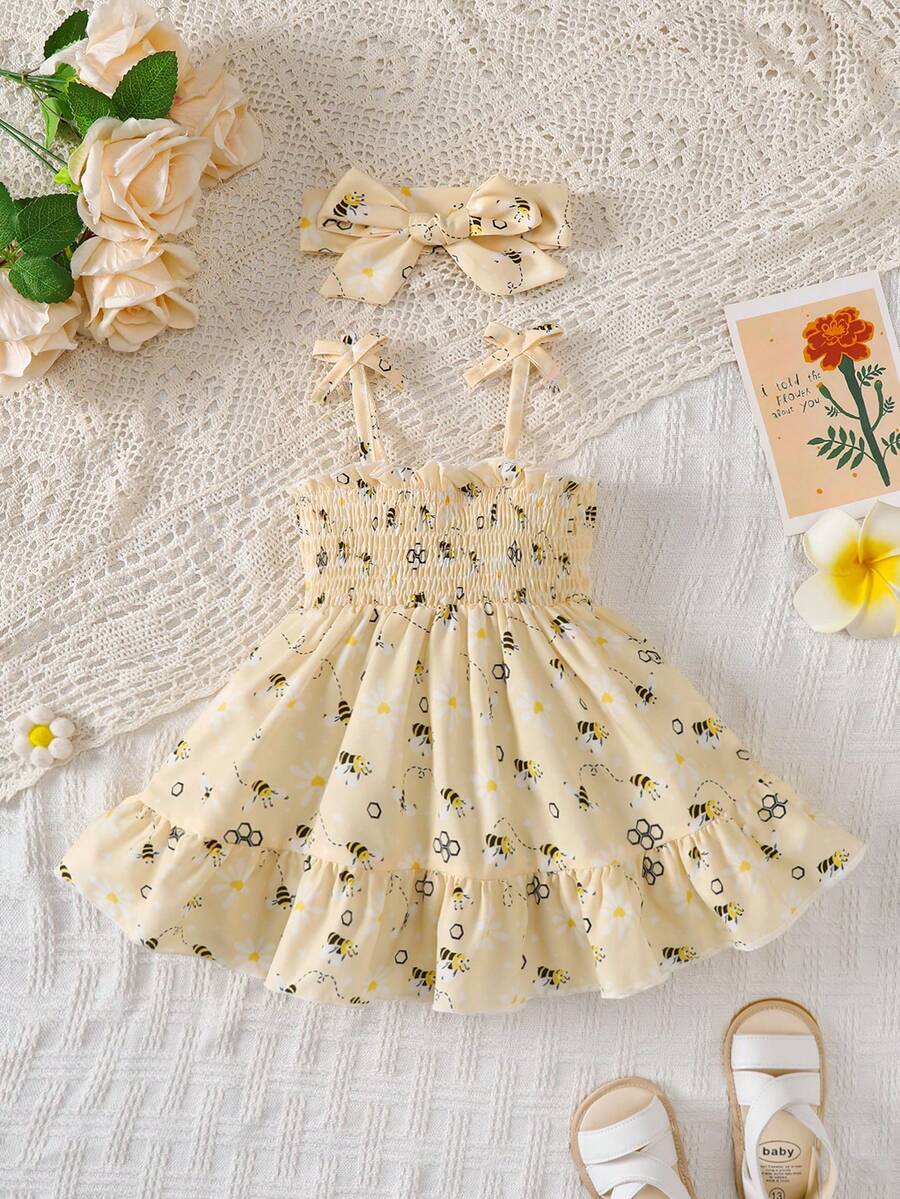 Bộ 2 món váy in hình ong cho bé gái, kèm dây buộc nơ và băng đô, trang phục mùa hè. - Vàng - Xem 1