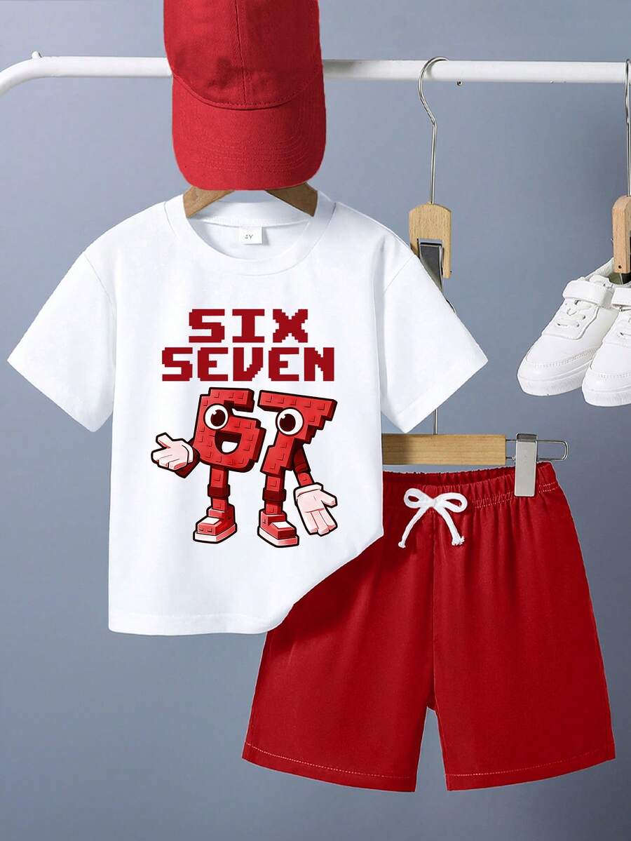 Ensemble t-shirt à manches courtes et short imprimé de dessins animés pour jeune garçon - Rouge - Voir 1