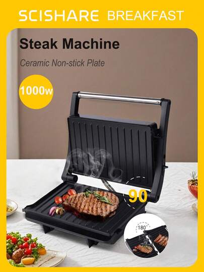 SCISHARE 1pc 27.7x22.3x9.3cm 3-In-1 Panini Maker, Sandwich Toaster & Electric Grill, 1000W, 180° Openable 23x14.5cm Cooking Plates, Double-Sided Cooking, Even Heating, Non-Stick Coating, Heat-Resistant Handle, Easy Storage, Black - Ideal For Breakfast And Home Grilling