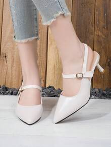 女士夏季系带尖头高跟凉鞋，露跟亮面皮革礼服鞋 - 白色 - 查看 2
