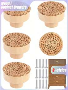 3pcs Rattan Drawer Knobs, 1.57inch/40mm Boho Dresser Knobs, Handmade Wood Cabinets Knobs Handles Hardware Woven Wicker Drawer Knobs With Screws For Kitchen Cabinets Dresser Pulls Furniture - Multicolor - View 1