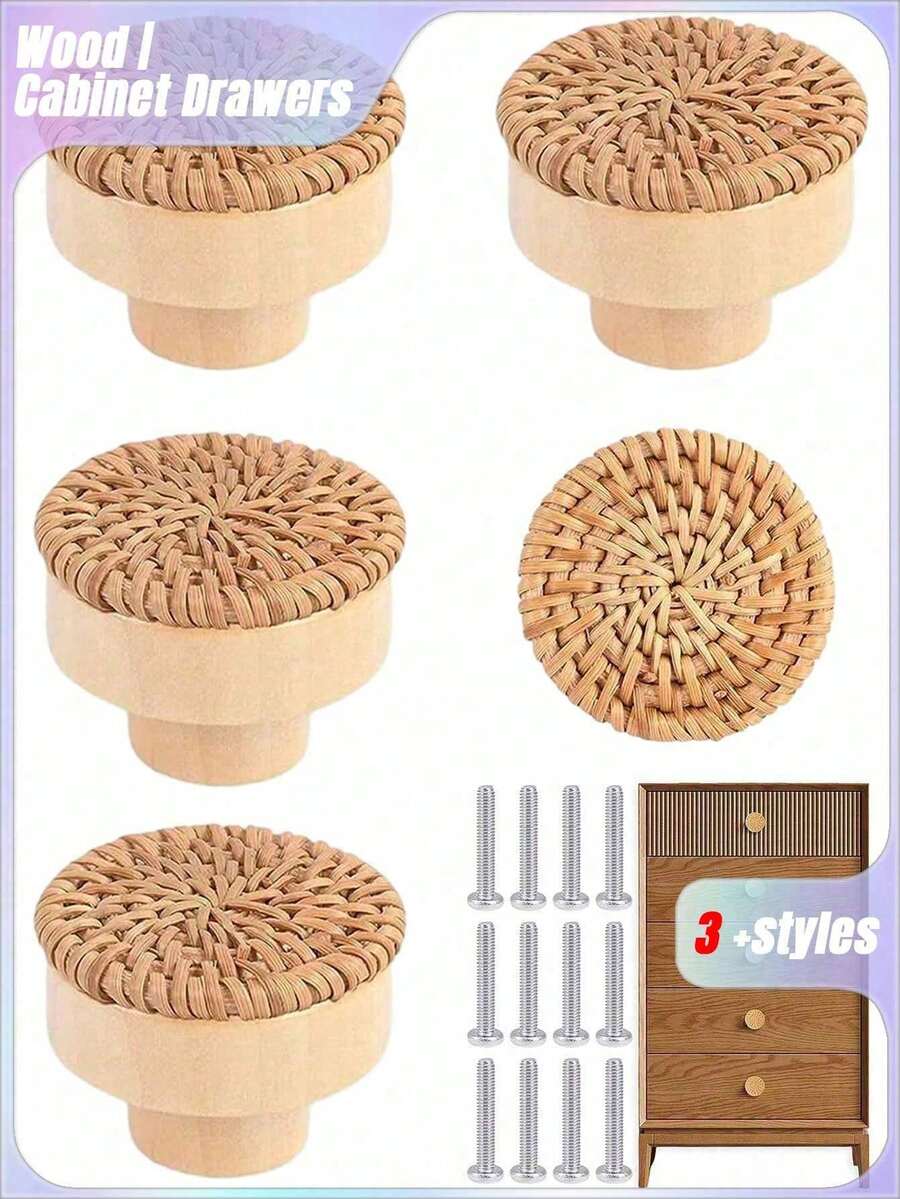 3pcs Rattan Drawer Knobs, 1.57inch/40mm Boho Dresser Knobs, Handmade Wood Cabinets Knobs Handles Hardware Woven Wicker Drawer Knobs With Screws For Kitchen Cabinets Dresser Pulls Furniture - Multicolor - View 1