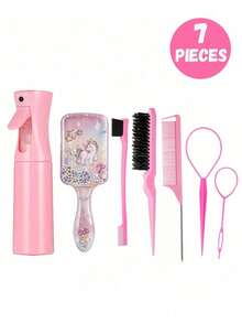 7pcs/Set Square Comb & Spray Bottle Set, Cartoon Eiffel Tower Print Anti-Static Plastic Comb, Portable Pattern Hair Claw Clip, High Pressure Mist Spray Bottle, Suitable For Children And Girls, Normal Hair Type, Durable ABS Handle, Cute Square Design, Hair Styling Tool Kit - Multicolor - View 20