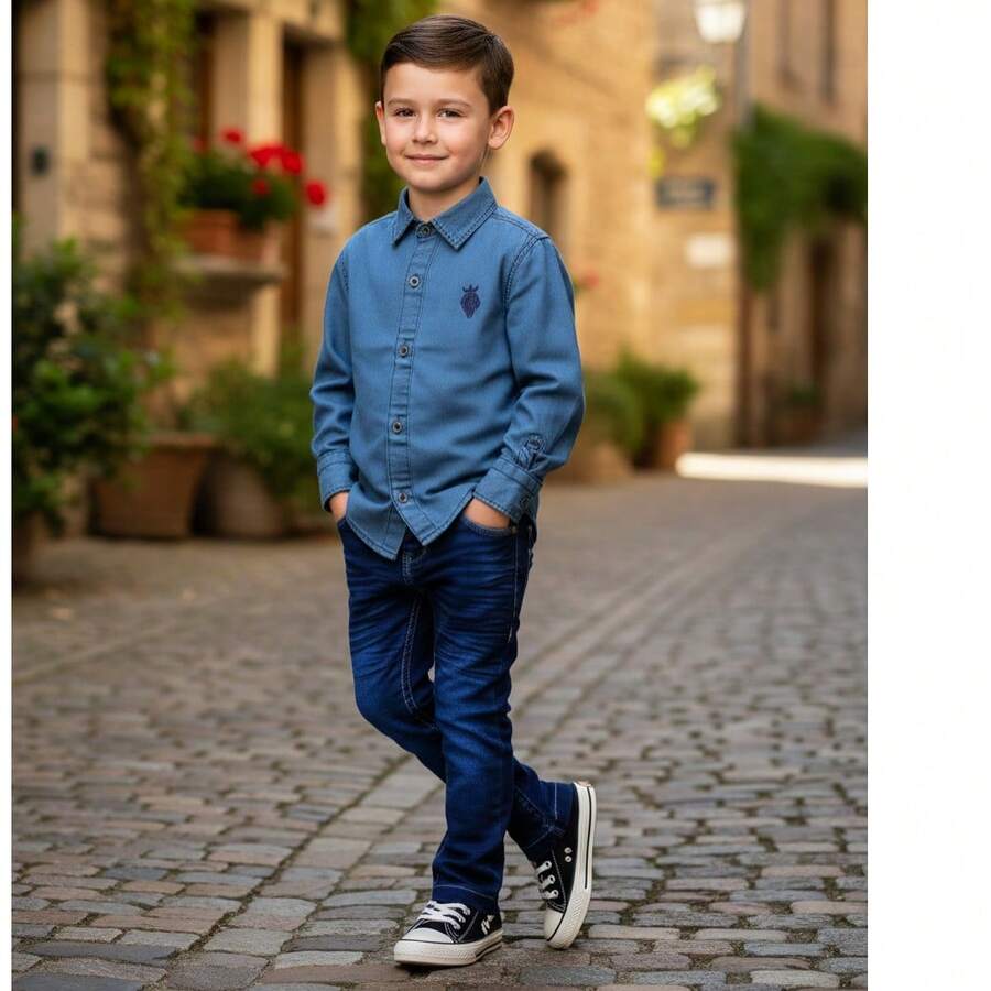 Young Boys Denim Two-Piece Outfits - 深色水洗藍 - 查看 1