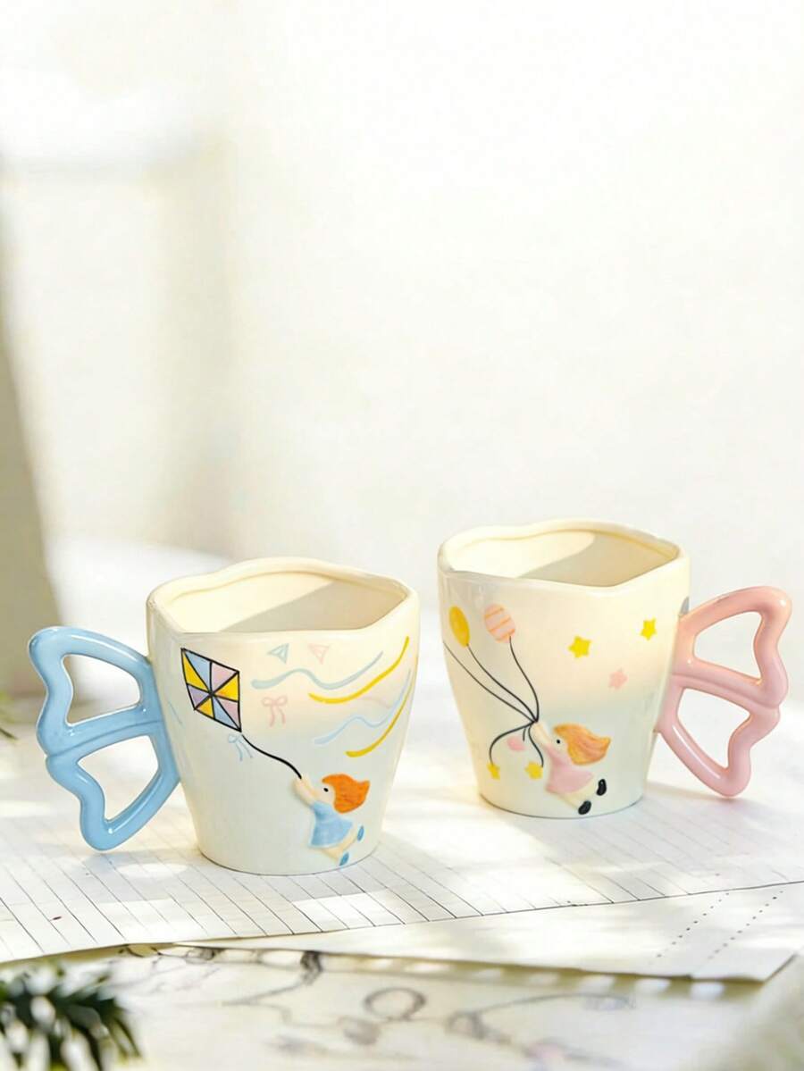 1pc Creative Hand-Painted & Hand-Molded Girl Flying Kite Ceramic Coffee Mug, Milk Breakfast Cup For Home Use - Multicolor - View 1