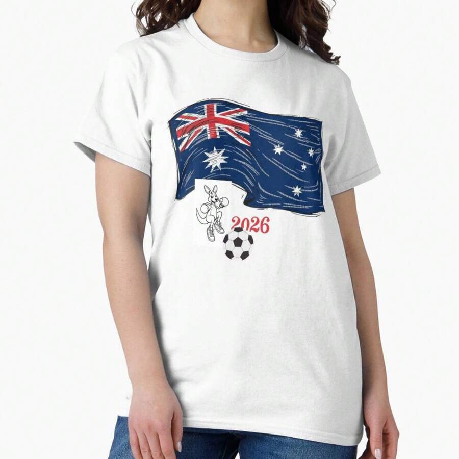Australia 2026 Soccer Pride Boxing Kangaroo & Dynamic Waving Flag. Classic T-Shirt - trắng - Xem 1