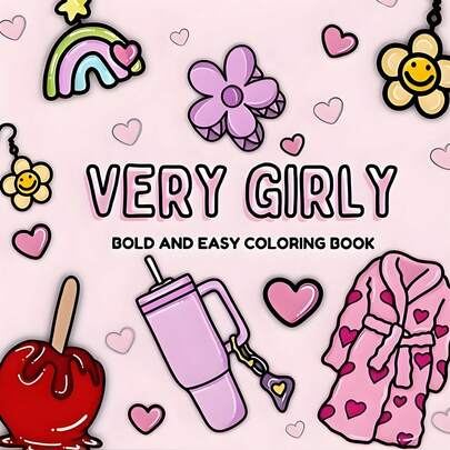 GDTME 1 Adult Coloring Book, 24 Pages Of Thick Paper, 7.9*7.9 Inches, With A Cover Featuring Soft Pink Tones And Cute Elements Like Rainbows, Flowers, And Hearts, Full Of Girlish Charm, With Clearly Defined Bold Lines That Are Easy To Color; The Inner Pages Include Various Girly Line Drawings, From Colorful Bows To Floral Perfume Bottles