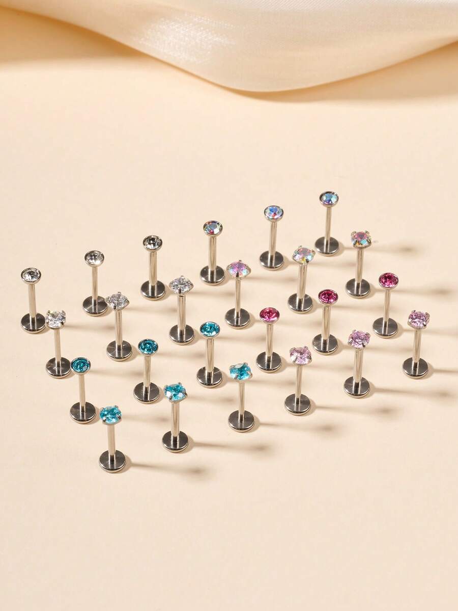 3pcs Funky Titanium Alloy Cubic Zirconia 20/18/16G Lip Studs For Women For Daily Decoration, 8mm G23 Hypoallergenic Flat Back Labret Studs Labret Medusa Studs Push In Helix Conch Tragus Ear Studs Body Piercing Jewelry Pink Blue Cubic Zirconia Lip Piercing Jewelry - Silver - View 1