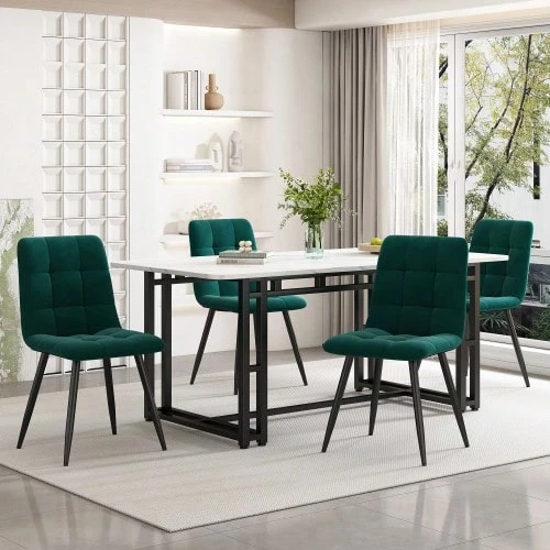 140x80cm Black Dining Table With 4 Chairs Set, Modern Kitchen Dining Table Set, Dark Green Velvet Dining Chairs, Black Iron Leg Table - Dark Green - View 1