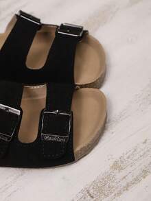 Summer New Kids Anti-Slip Soft Bottom Double Buckle Minimalist Fashion Flat Slippers Beach Sandals, Suitable For Beach Vacation - Black - View 6